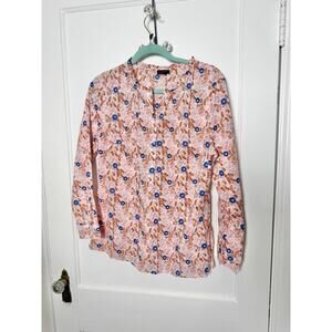 Talbots Orange Blue Floral Ruffle Spring Poplin Popover Blouse Women's Medium